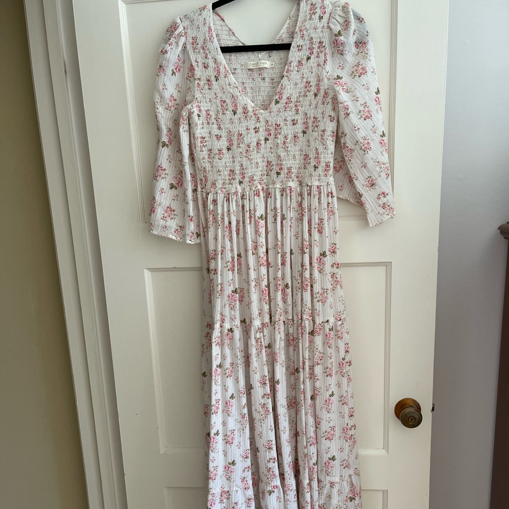 White floral smocked Christy Dawn dress with Bell Sleeves